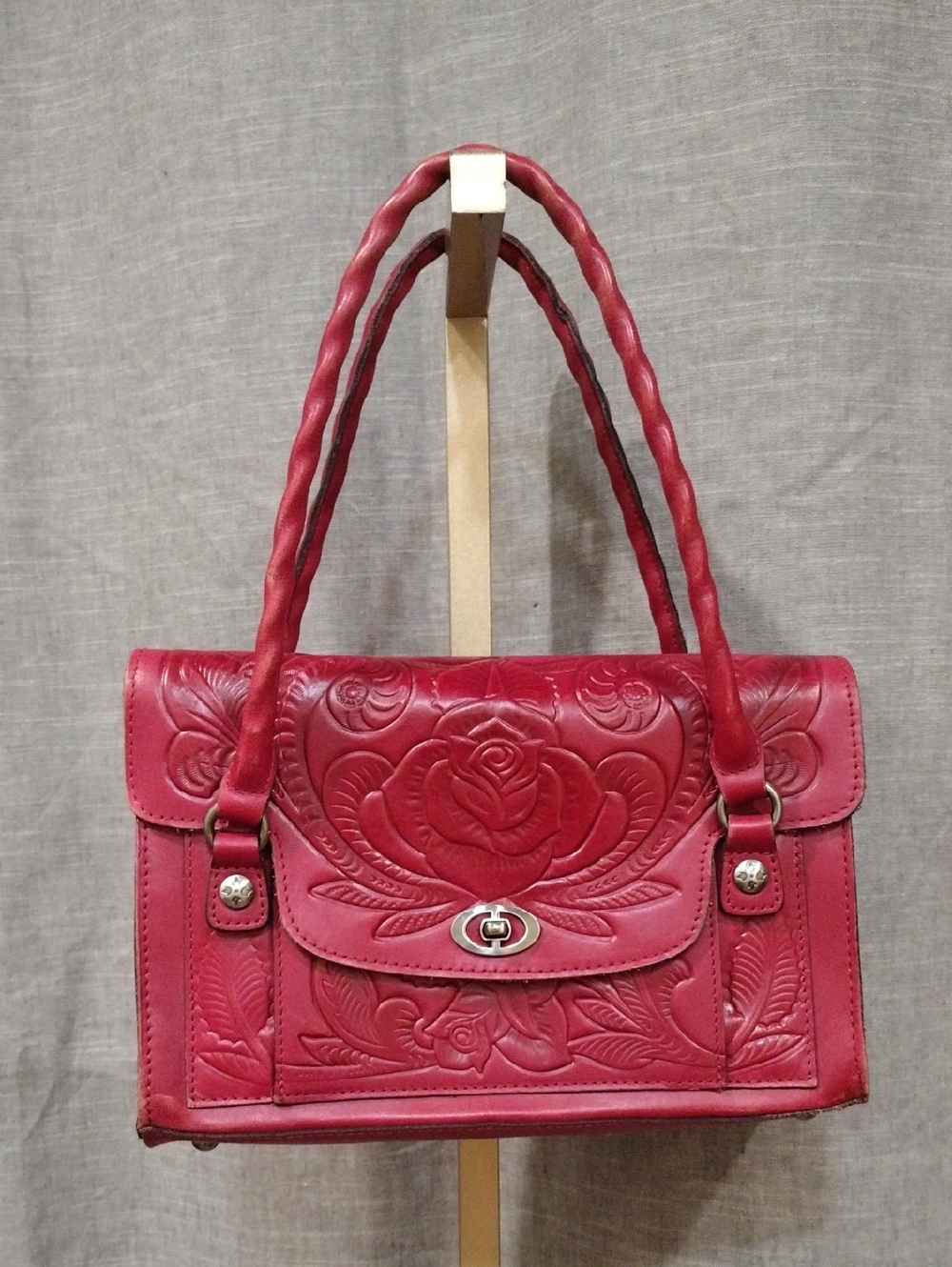 Patricia Nash Red Floral-Embossed Leather Bag with Double Handles